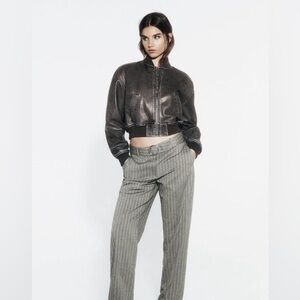 Zara Distressed Leather Bomber Jacket